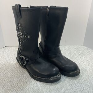 Harley Davidson Womens 8M Black Harness Leather Chunky Strap Studded Biker Boots